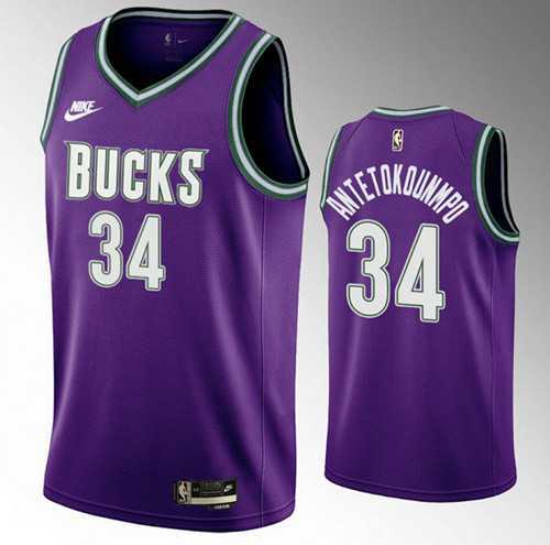 Mens Milwaukee Bucks #34 Giannis Antetokounmpo 2022-23 Purple Classic Edition Swingman Stitched Basketball Jersey Dzhi